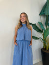 HALTER NECK STRIPE COTTON DRESS BLUE