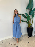 HALTER NECK STRIPE COTTON DRESS BLUE