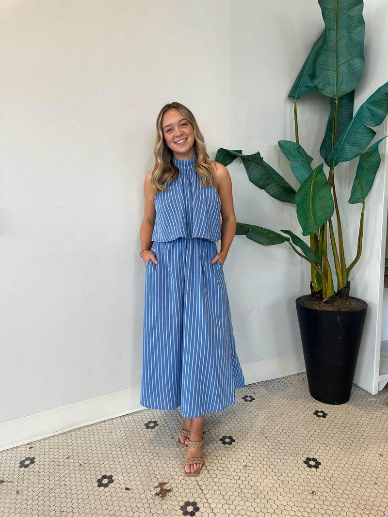 HALTER NECK STRIPE COTTON DRESS BLUE