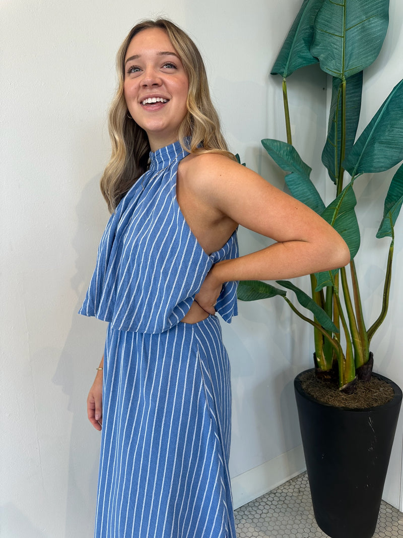 HALTER NECK STRIPE COTTON DRESS BLUE
