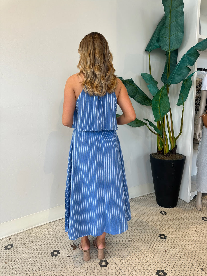 HALTER NECK STRIPE COTTON DRESS BLUE