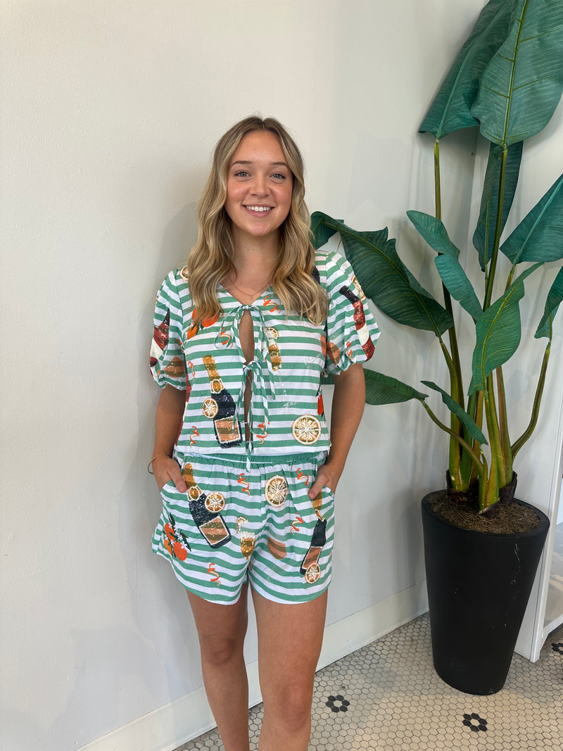 GREEN & WHITE STRIPE MIMOSA APEROL SHORTS