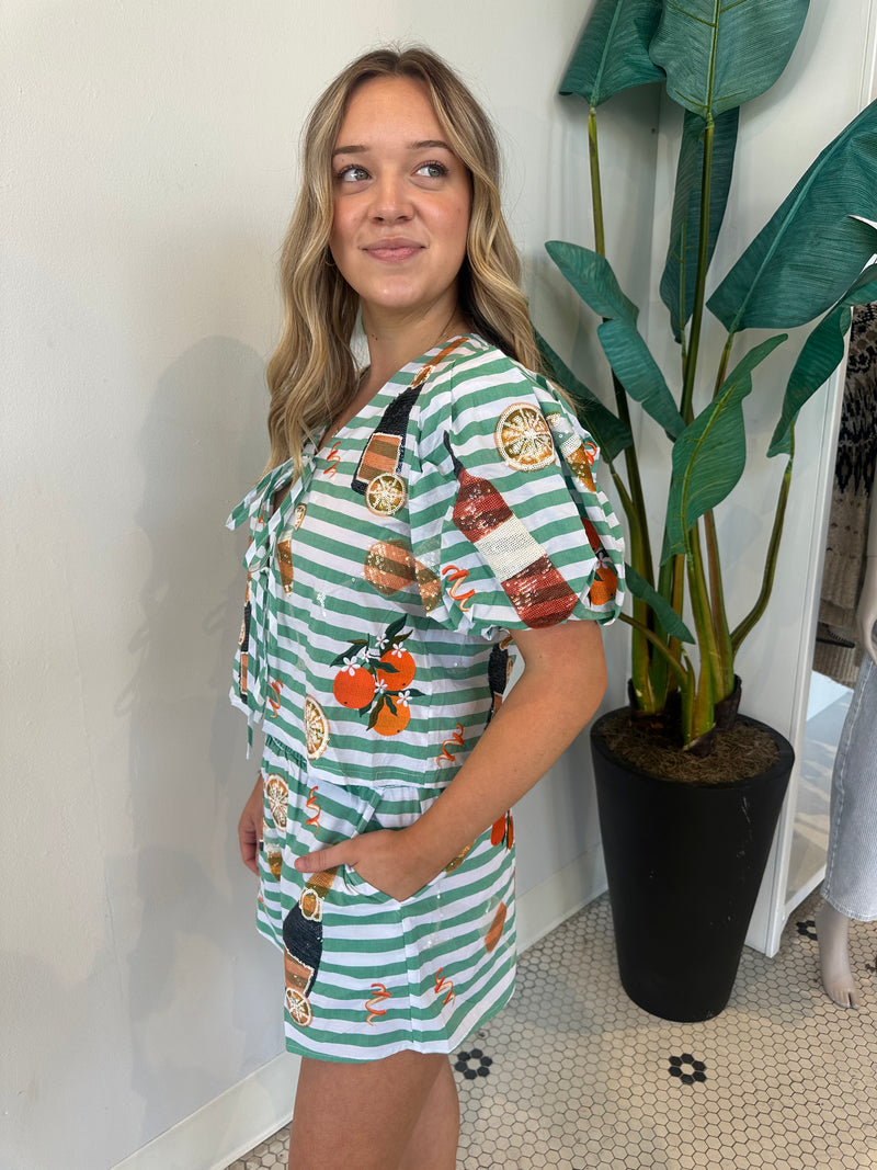 GREEN & WHITE STRIPE MIMOSA APEROL SHORTS