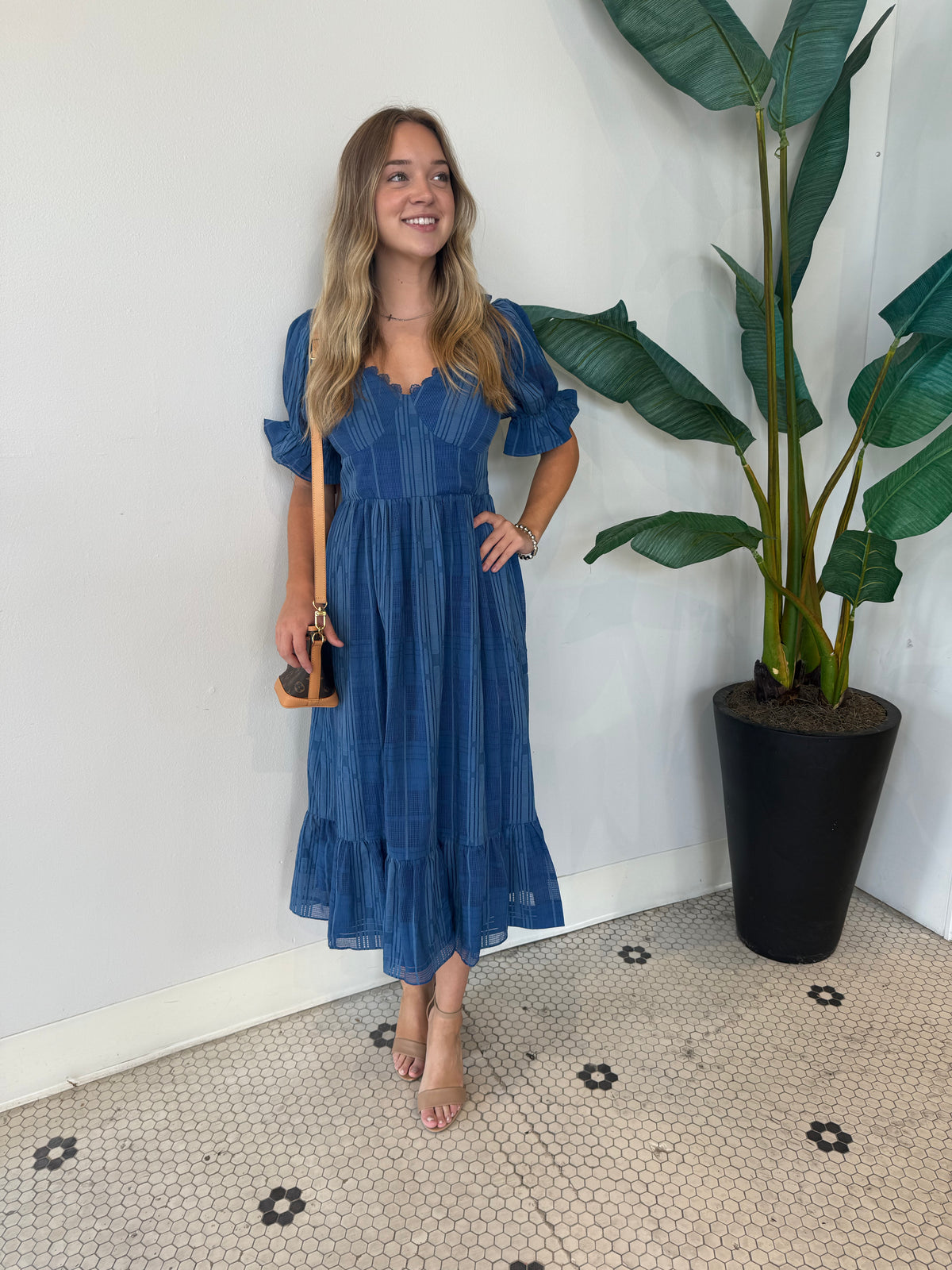 BETSEY PUFF SLEEVE JAQUARD STRIPED MAXI DRESS DENIM BLUE