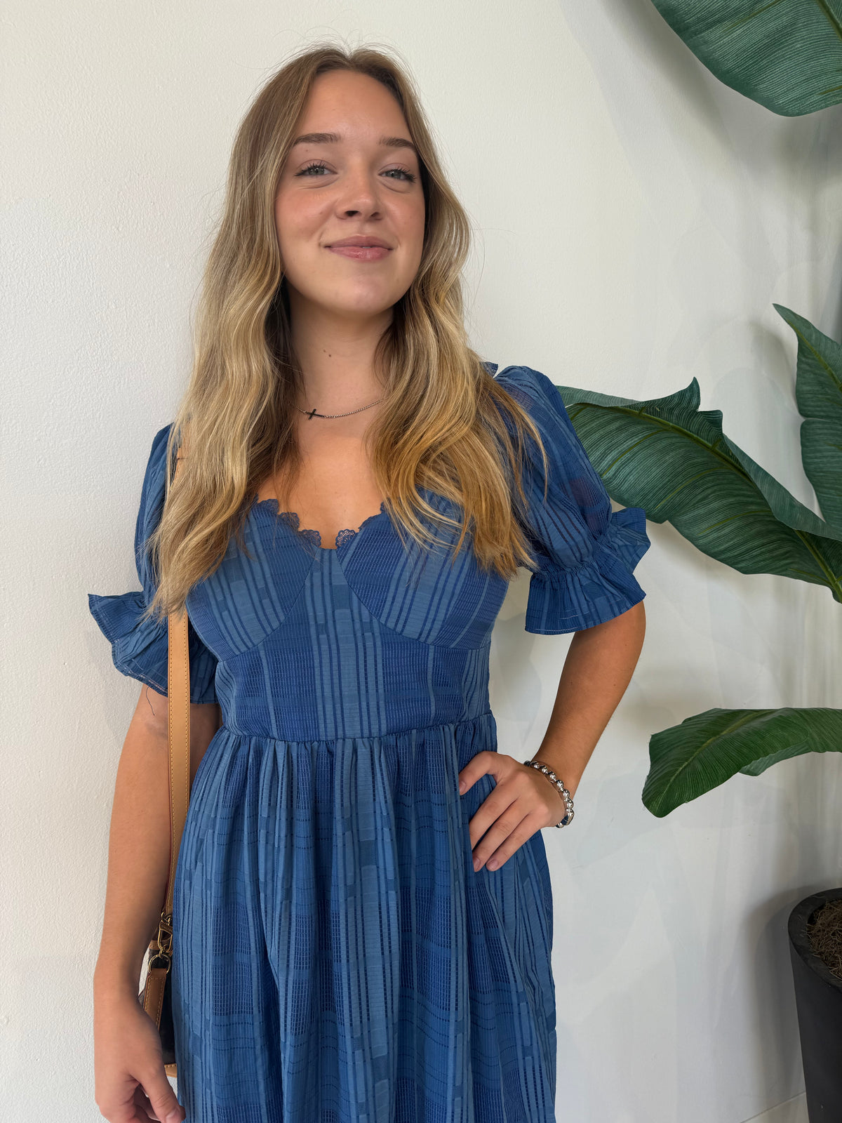 BETSEY PUFF SLEEVE JAQUARD STRIPED MAXI DRESS DENIM BLUE