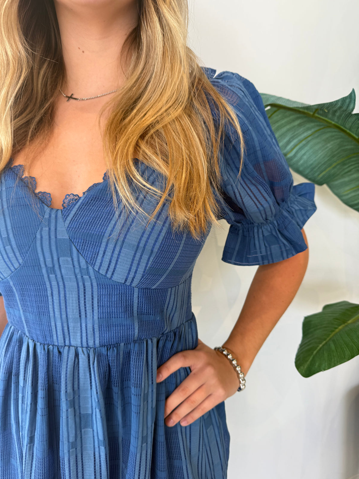 BETSEY PUFF SLEEVE JAQUARD STRIPED MAXI DRESS DENIM BLUE