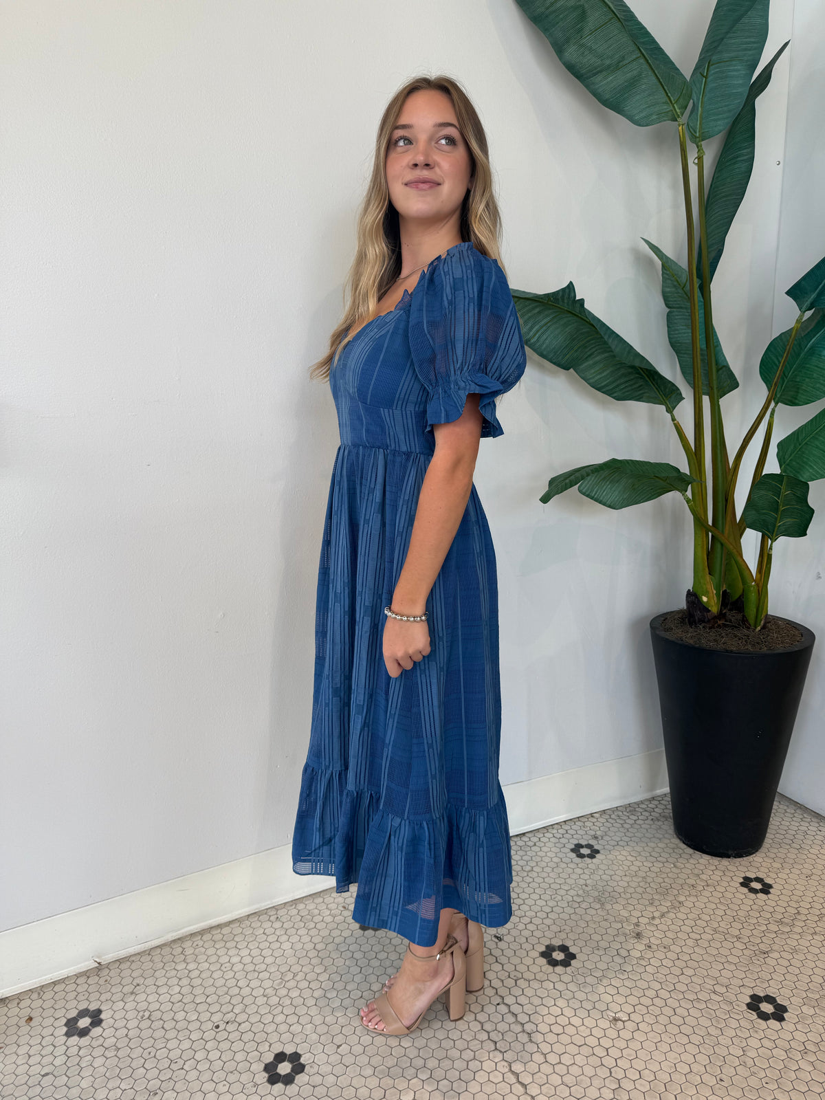 BETSEY PUFF SLEEVE JAQUARD STRIPED MAXI DRESS DENIM BLUE