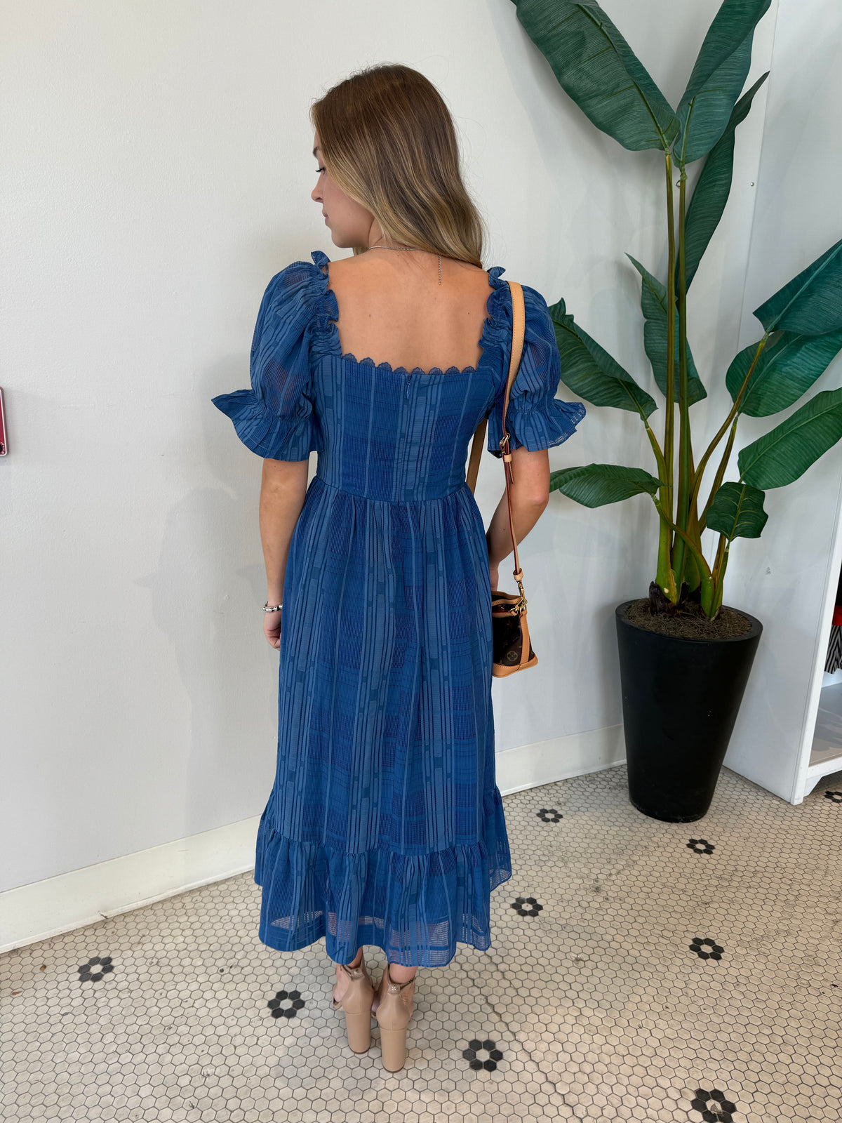 BETSEY PUFF SLEEVE JAQUARD STRIPED MAXI DRESS DENIM BLUE