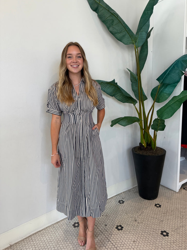 VANISA STRIPE MIDI SHIRT DRESS NAVY