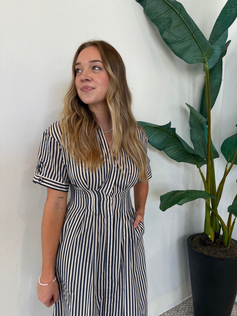 VANISA STRIPE MIDI SHIRT DRESS NAVY