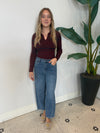 ELENA STRIPED POLO KNIT TOP AUBERGINE