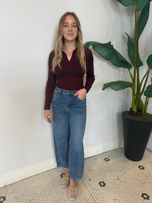 ELENA STRIPED POLO KNIT TOP AUBERGINE