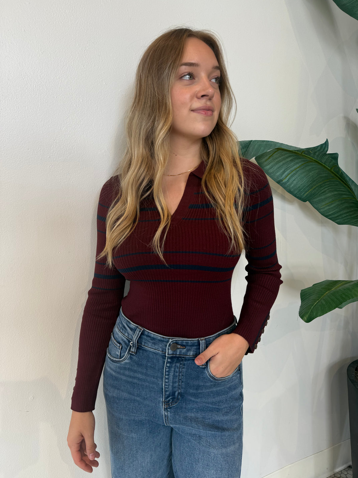 ELENA STRIPED POLO KNIT TOP AUBERGINE