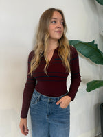 ELENA STRIPED POLO KNIT TOP AUBERGINE
