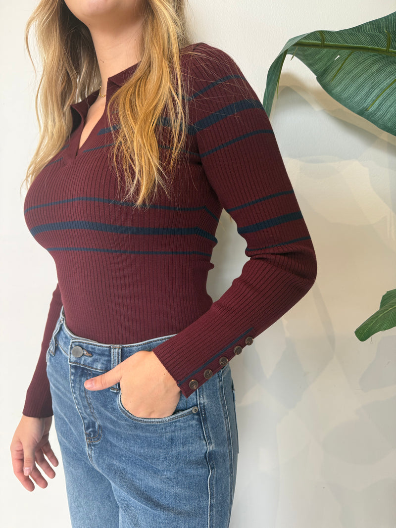 ELENA STRIPED POLO KNIT TOP AUBERGINE