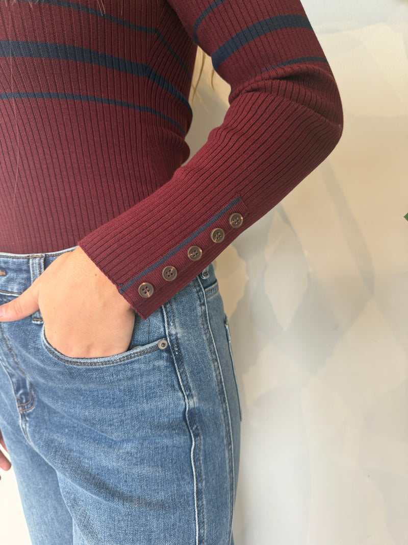 ELENA STRIPED POLO KNIT TOP AUBERGINE