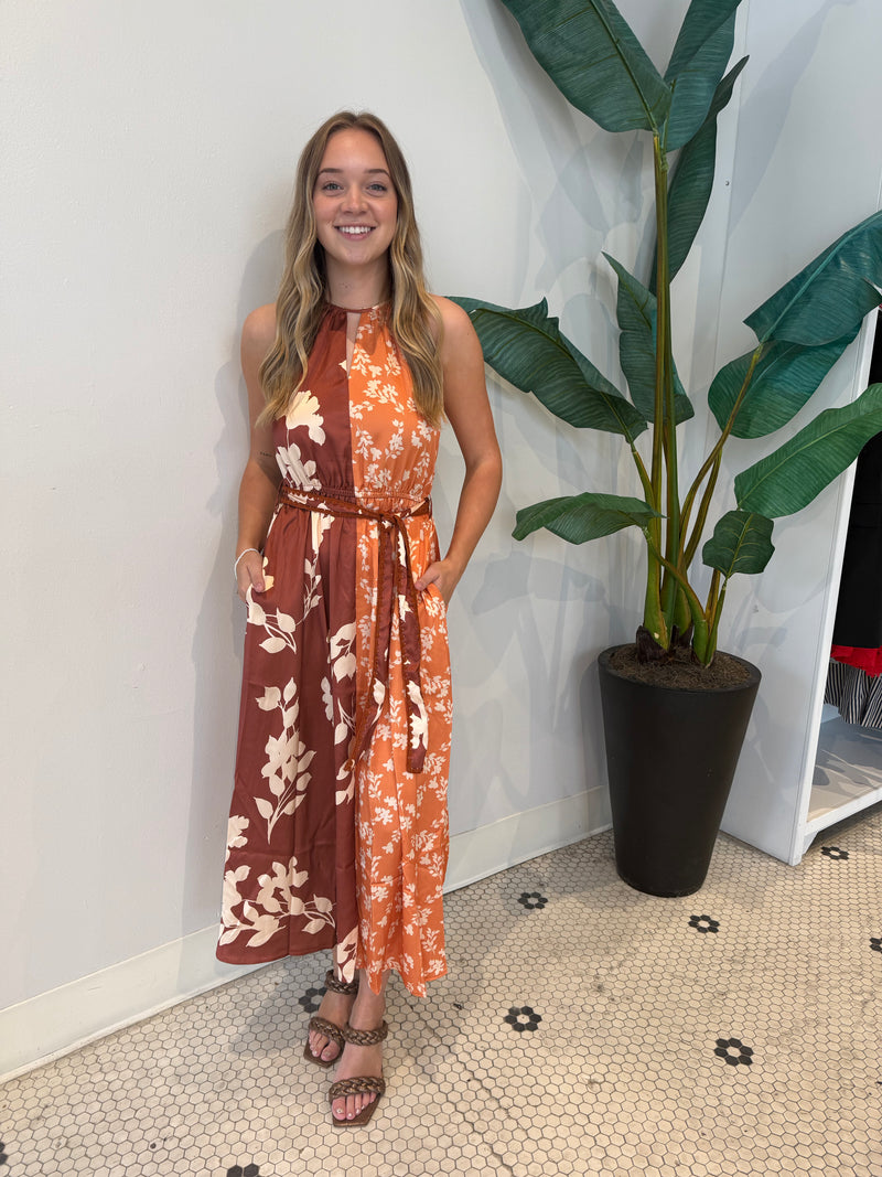 SANDI TWO TONED HALTER MIDI DRESS MARIGOLD/ BROWN
