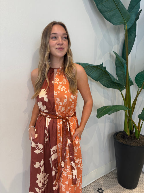 SANDI TWO TONED HALTER MIDI DRESS MARIGOLD/ BROWN
